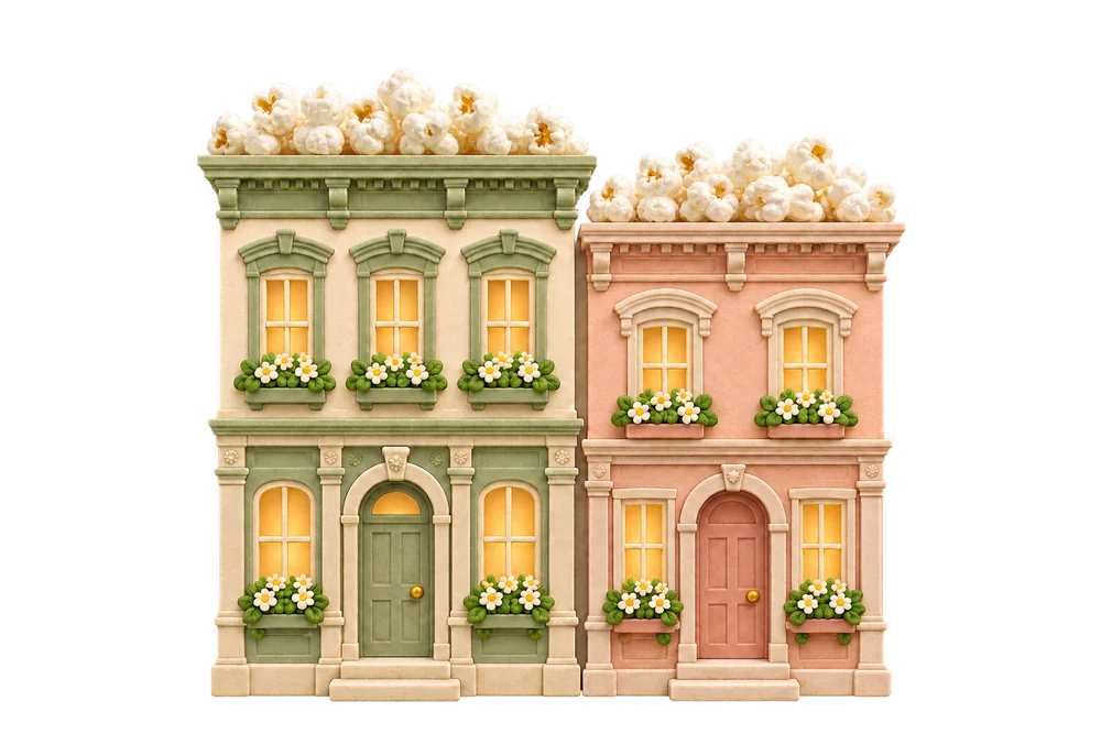 Pastel vintage city buildings with glowing windows, flower boxes and rooftops piled with popcorn