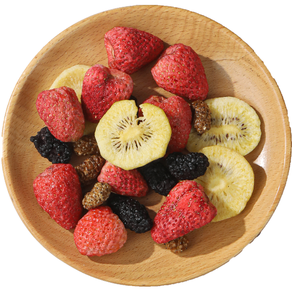 Bowl of Frobite Crunchy Fruit Snacks with fruit pieces popping out